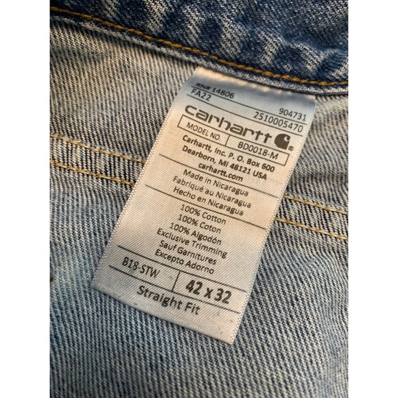 Carhartt Jeans Mens 42x32 Straight Fit Heavyweight Tapered B18 Workwear Denim - Picture 7 of 8